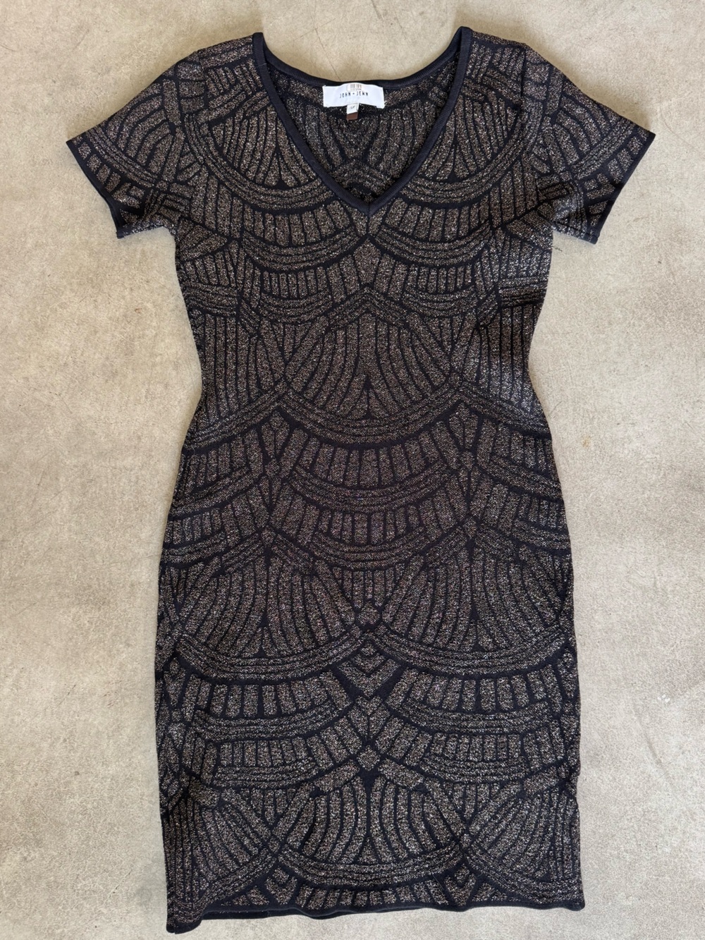 Chocolate Metallic Patterned V-Neck Mini Dress